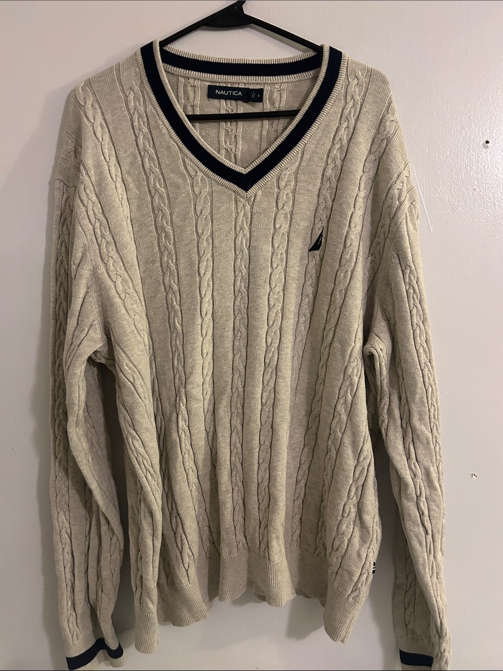 Nautica Cream Cable-Knit V-Neck Sweater with Navy Trim